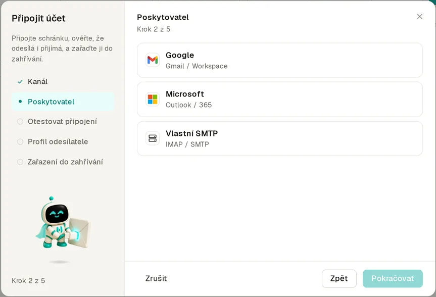 Okno Připojit účet: výběr poskytovatele Google, Microsoft nebo vlastní SMTP