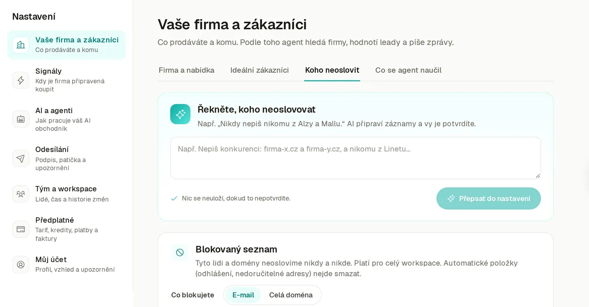 Nastavení Vaše firma a zákazníci, záložka Koho neoslovit: pole Řekněte, koho neoslovovat a pod ním blokovaný seznam e-mailů a domén