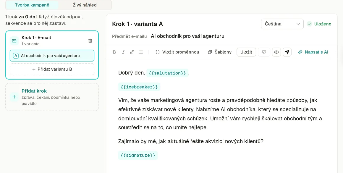 Editor sekvence: vlevo krok 1 E-mail s variantou A, vpravo text e-mailu s místy pro oslovení, úvodní větu a podpis
