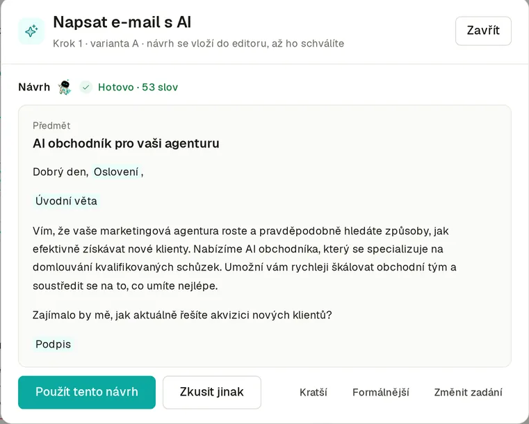 Okno Napsat e-mail s AI: návrh s předmětem AI obchodník pro vaši agenturu, místa pro oslovení a úvodní větu, pod ním tlačítka Použít tento návrh, Zkusit jinak, Kratší a Formálnější