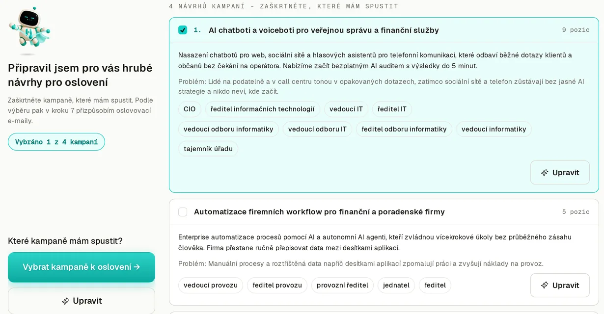 Návrhy kampaní od AI: vybraná kampaň AI chatboti a voiceboti pro veřejnou správu a finanční služby s nabídkou, problémem a pozicemi lidí, pod ní další návrhy