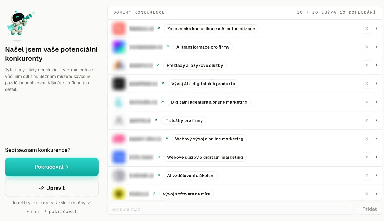 Konkurence, kterou AI našla: deset firem s oborem u každé, domény a loga rozmazané. Těmto firmám HypeLead nikdy nic nepošle