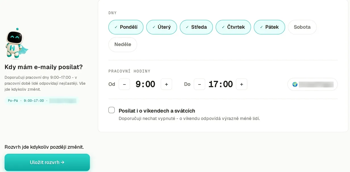 Rozvrh odesílání: pondělí až pátek, od 9:00 do 17:00, české časové pásmo, víkendy vypnuté