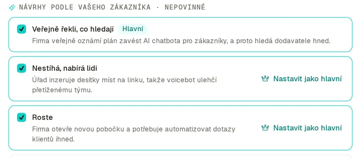 Návrhy nákupních signálů: Veřejně řekli, co hledají (hlavní), Nestíhá, nabírá lidi a Roste. U každého krátké vysvětlení