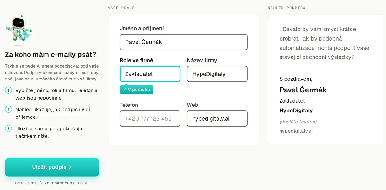 Formulář podpisu: jméno Pavel Čermák, role Zakladatel, firma HypeDigitaly, web hypedigitaly.ai. Vpravo náhled podpisu pod e-mailem