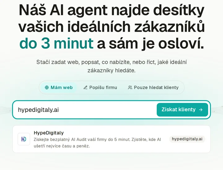 Úvodní stránka HypeLeadu: pole s adresou hypedigitaly.ai a tlačítko Získat klienty